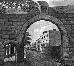 The entrance to the New Ground with Grover's Hotel, 1814