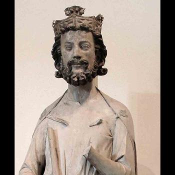 Limestone polychromatic statue of King Childebert from the Louvre via Creative Commons license