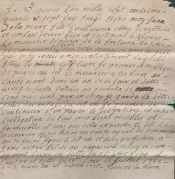 Jean de la Mare promissory note 1757, Priaulx Library Collection