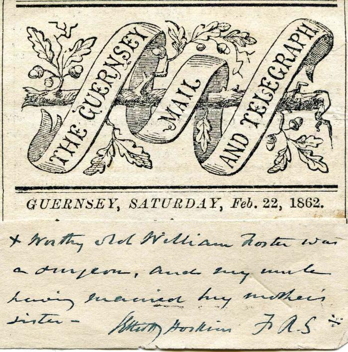 Header of Guernsey Mail and Telegraph and note by Samuel Elliott Hoskins FRS