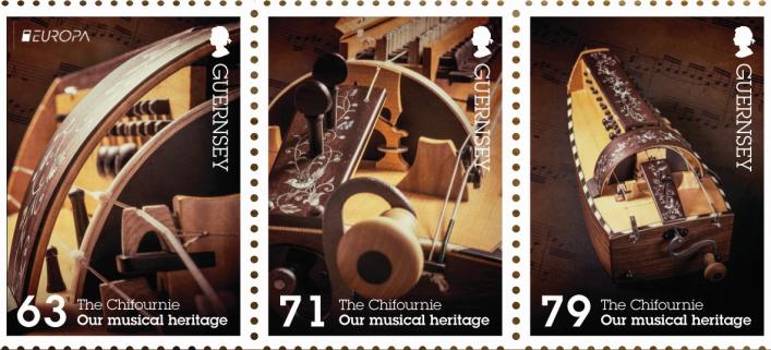 Guernsey Post Europa stamps showing a hurdy-gurdy or chifournie