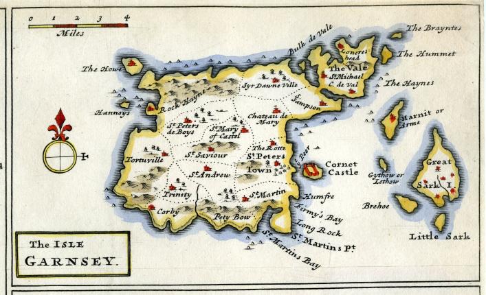 The Isle of Garnsey, Herman Moll Map, Priaulx Library, Guernsey