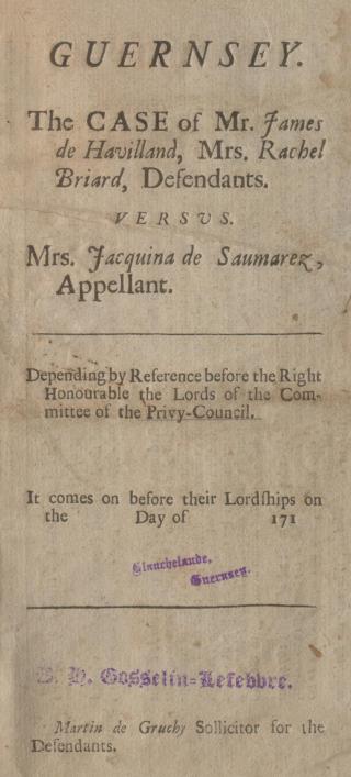 JAcquine de Saumarez printed judgment 1717, Priaulx Library Collection