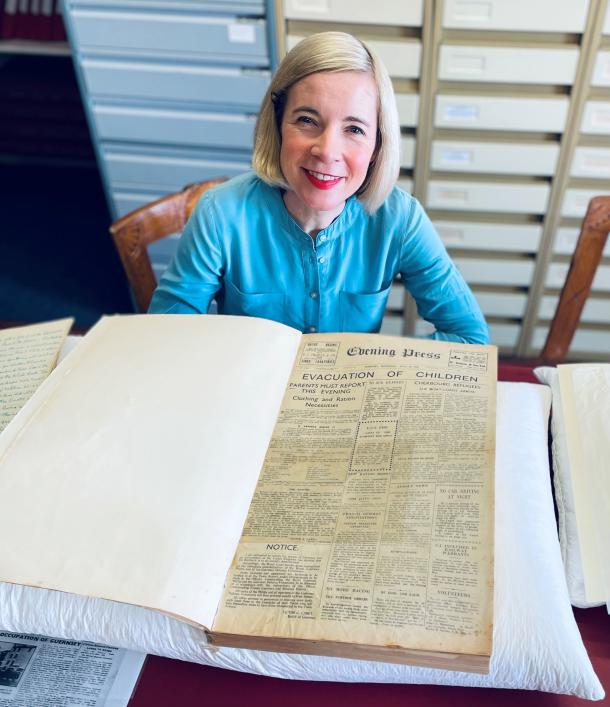 Historian Lucy Worsley visits the Priaulx Library to look at Occupation materials