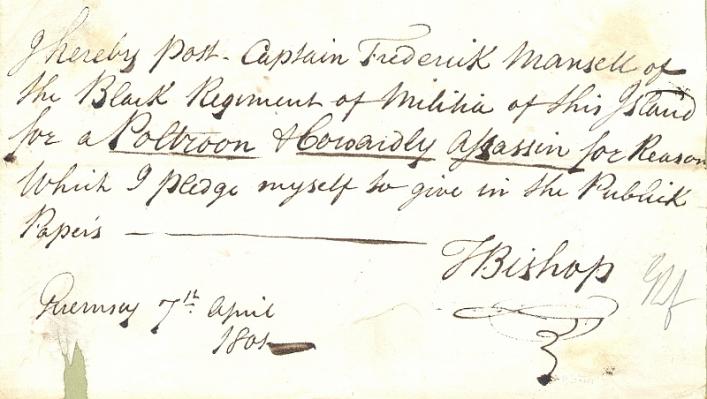 Thomas Bishop posting of Frederick Mansell, 1801, Priaulx Library Collection