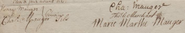 Signatures on marriage contract of Thomas Le Marchant and Marie Marthe Mauger 1740