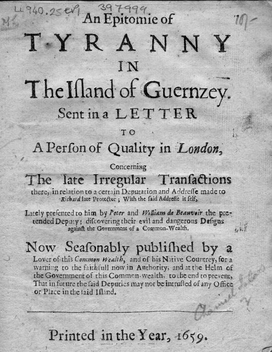 Epitomie of tyranny, pamphlet, 1659, Priaulx Library collection