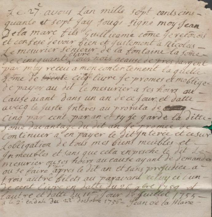 Jean de la Mare promissory note 1757, Priaulx Library Collection