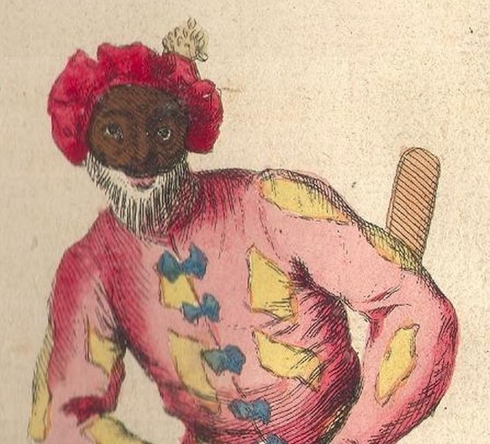 Frontispiece showing Harlequin costume from Riccobon's Histoire du Theatre Italien, 1728, in the Priaulx Library Collection