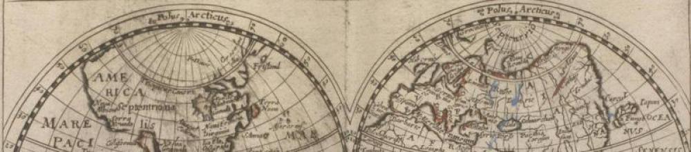 World map, 1686, Pierre Martin's Caen notebook, Priaulx LibraryCollection, detail